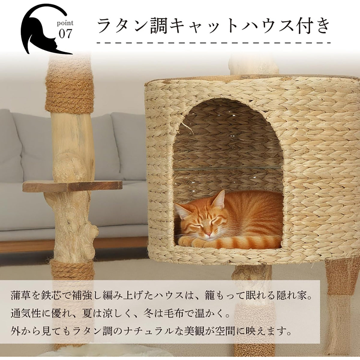Harry Barker【天然木使用】キャットタワー Jasper 3段 78×52×135cm おしゃれ ラタン調 爪とぎ・ハウス付き 多頭飼い対応 据え置き型 猫タワー 室内用