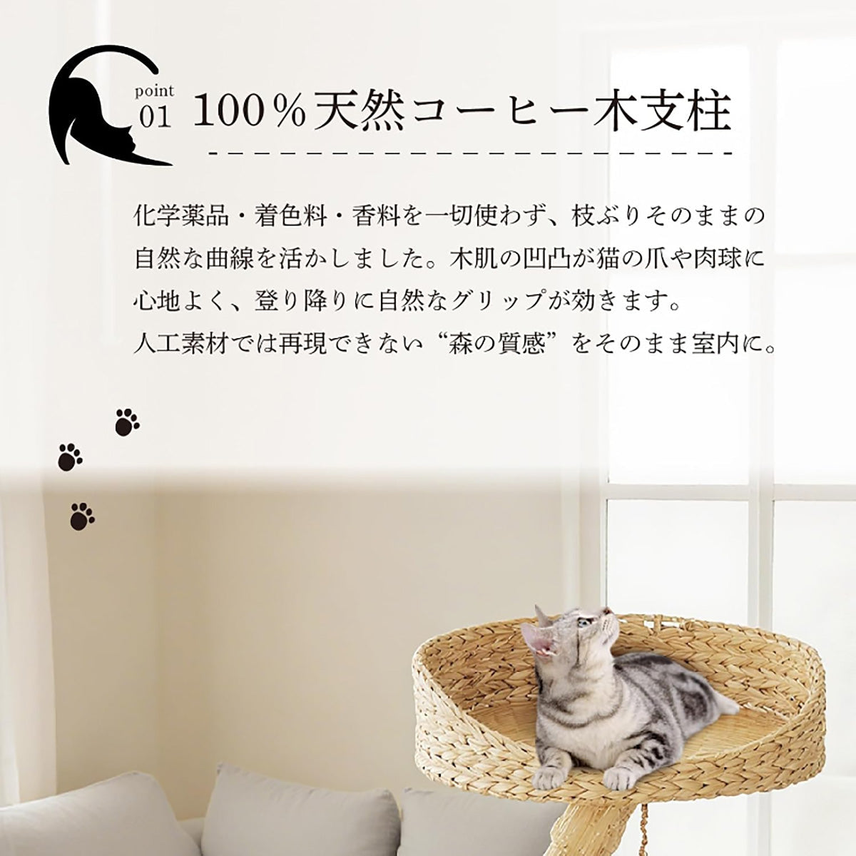 Harry Barker【天然木使用】キャットタワー Apollo 2段 68×50×64cm おしゃれ ラタン調 爪とぎ付き コンパクト 据え置き型 猫タワー 室内用