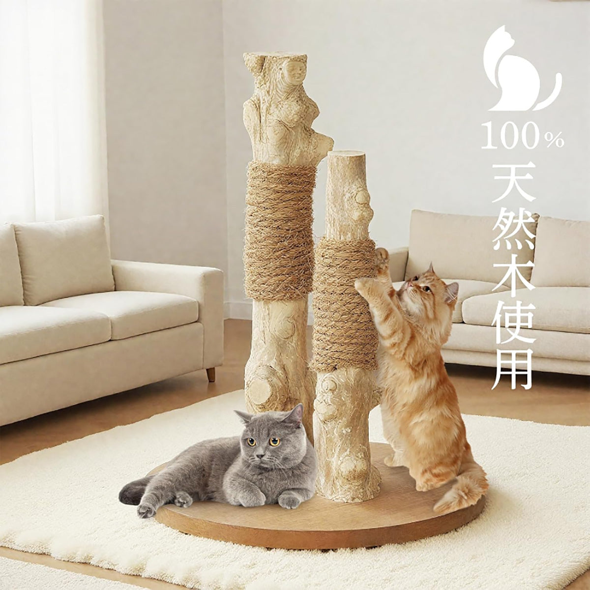 Harry Barker【天然木 2本柱】キャットポール Simba 40×40×52cm 据え置き 爪とぎポール ボール付き おしゃれ 猫タワー 多頭飼い対応