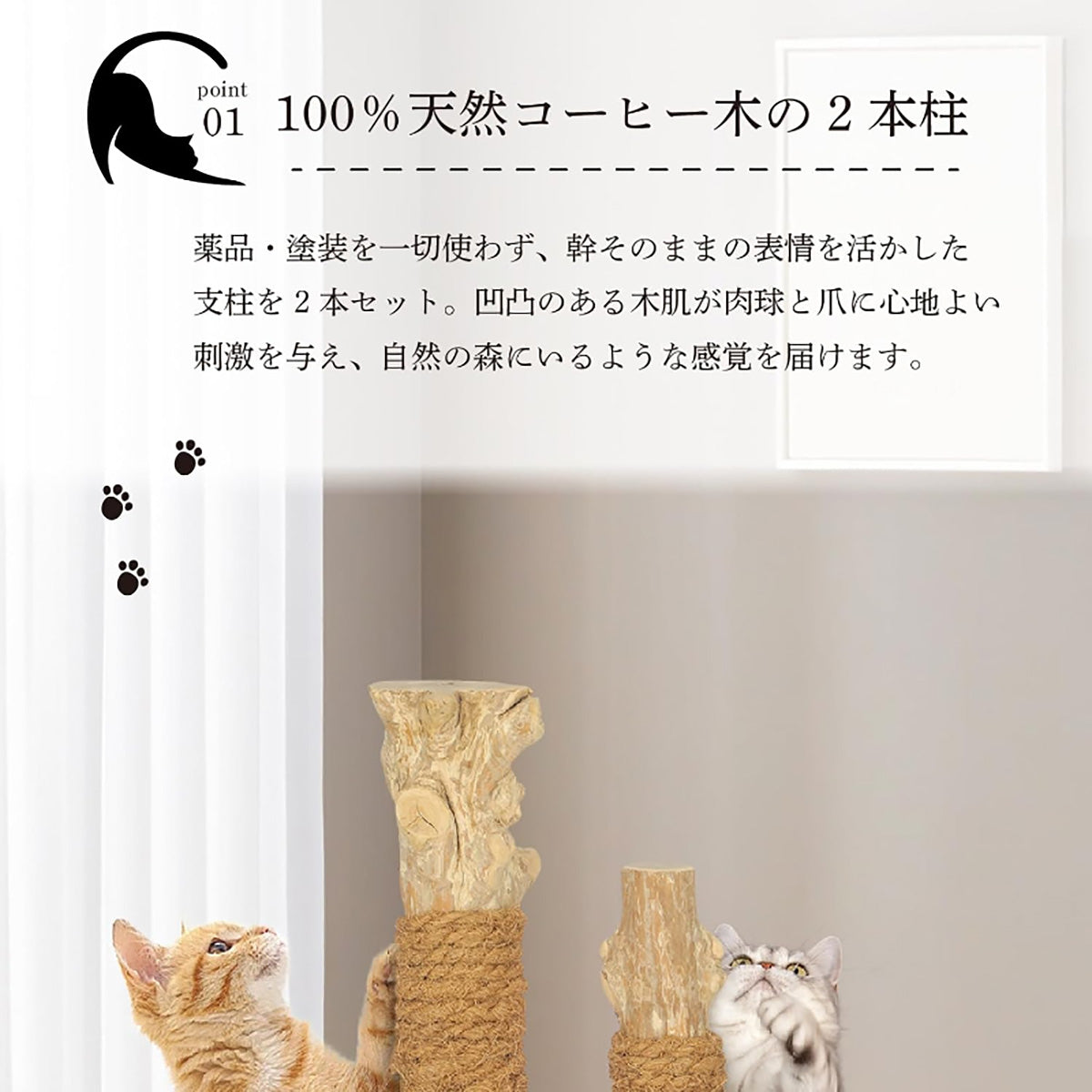 Harry Barker【天然木 2本柱】キャットポール Simba 40×40×52cm 据え置き 爪とぎポール ボール付き おしゃれ 猫タワー 多頭飼い対応