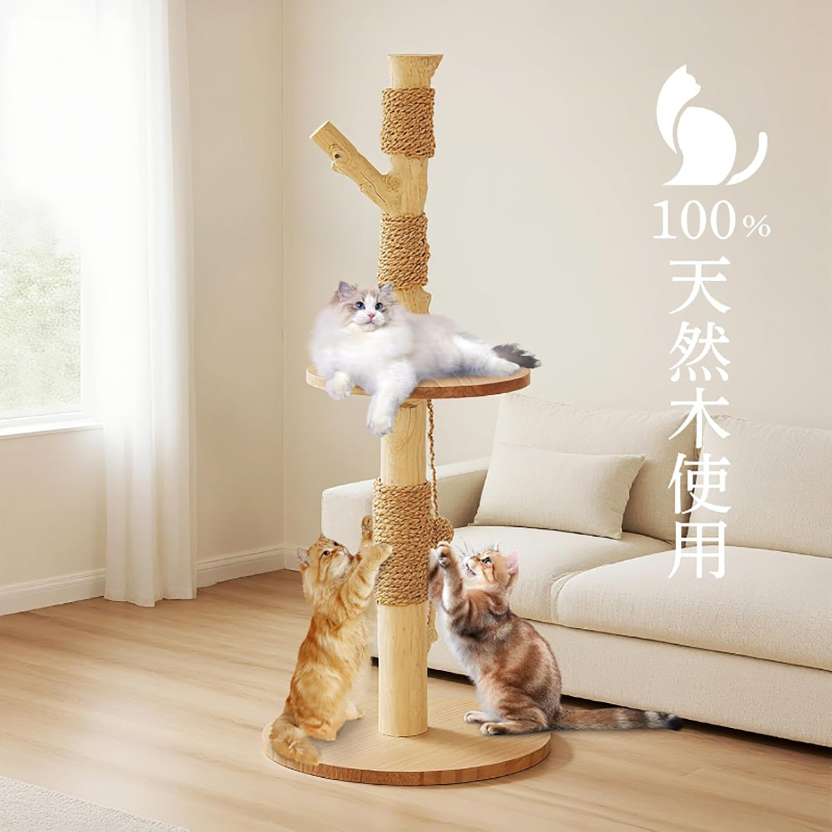 Harry Barker【天然木使用】一本木キャットポール Aria 39×39×62cm 麻縄 爪とぎ 吊りボール付き 据え置き型
