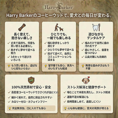 Harry Barker【天然コーヒー木使用】犬用デンタルチュウ 直径2.8〜3.5cm 16〜18cm 歯みがき効果 ストレス解消 犬用おもちゃ3点セット