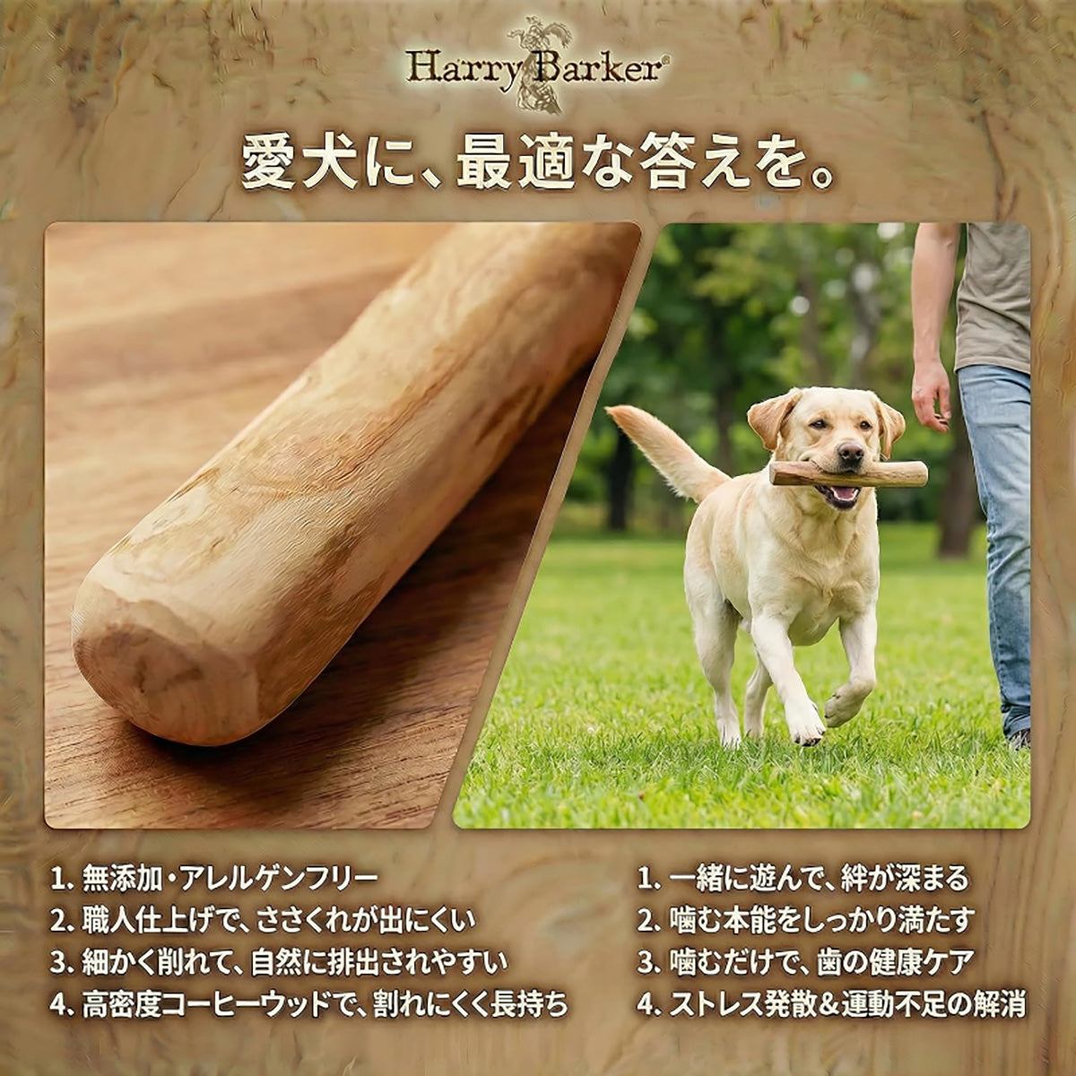 Harry Barker【天然コーヒー木使用】犬用デンタルチュウ 直径3.5〜4.5cm 19〜20cm 歯みがき効果 ストレス解消 犬用おもちゃ３点セット