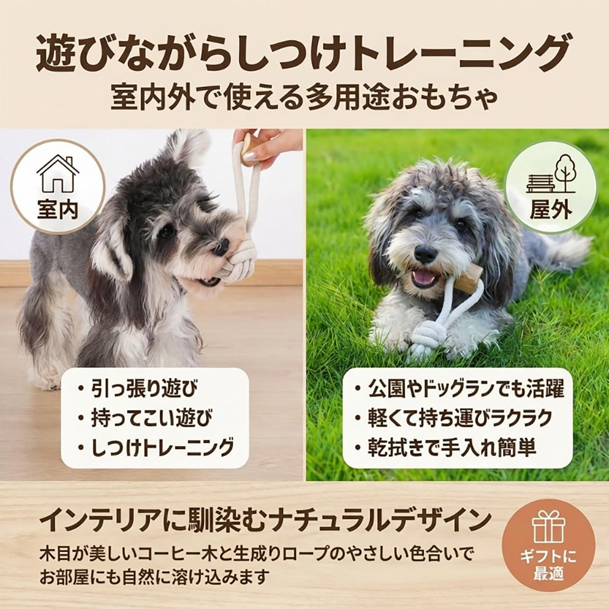 Harry Barker【天然コーヒー木使用】犬用デンタルチュウ コットンロープ付き 歯みがき効果 ストレス解消 丈夫なおもちゃ 小型犬・中型犬向け