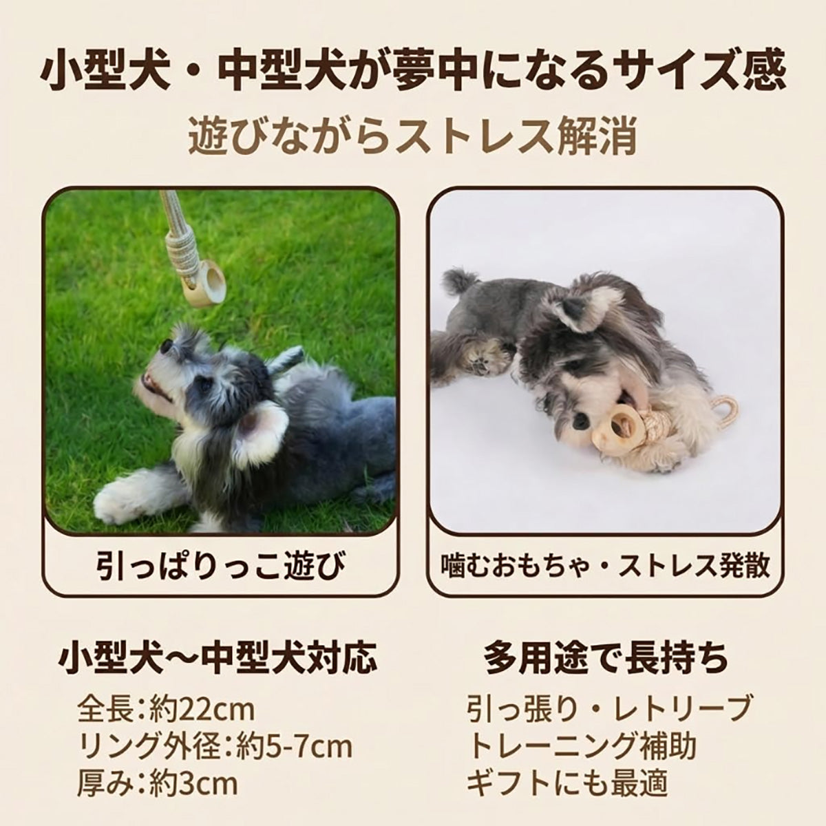 Harry Barker【天然コーヒー木使用】犬用デンタルチュウ リング型 コットンロープ付き 歯磨きケア 噛むおもちゃ ストレス解消 小型犬・中型犬向け