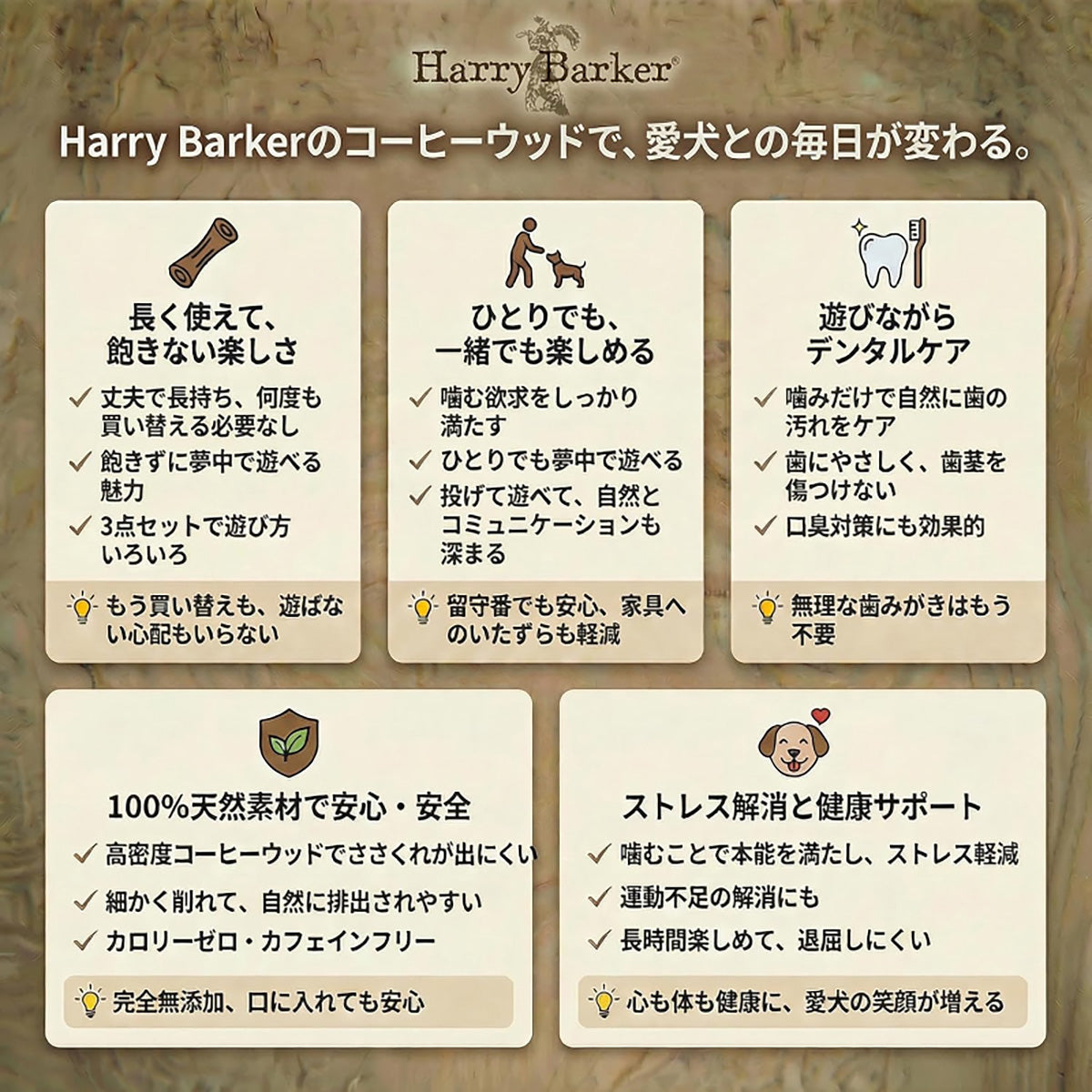 Harry Barker【天然コーヒー木使用】犬用デンタルチュウ テニスボール付き コットンロープ噛むおもちゃ 歯みがき効果 引っ張り遊び コーヒーウッド コーヒー木 天然木 無添加 デンタルケア 歯みがき 歯垢除去 歯石予防 口臭対策 ストレス解消 運動不足解消 引っ張り遊び 取ってこい レトリーブ テニスボール ロープおもちゃ コットンロープ