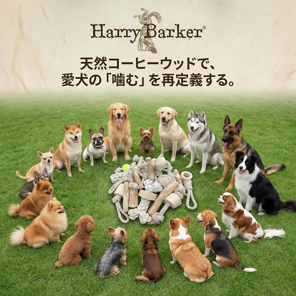 Harry Barker【天然コーヒー木使用】犬用噛むおもちゃ 丈夫なロープ付き 木製デンタルトイ 中型犬・大型犬対応 遊び＆ストレス解消 トレーニングや引っ張り遊びに最適 歯磨き効果でデンタルケア 多頭飼いにもおすすめ  歯磨きおもちゃ 歯垢除去 歯石対策 口臭予防 ストレス解消 ストレス発散 運動不足解消
