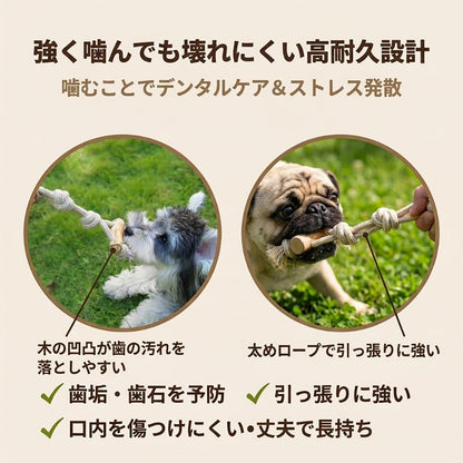 Harry Barker【天然コーヒー木使用】犬用デンタルチュウ ロングロープ付き 歯みがき効果 丈夫な噛むおもちゃ ストレス解消　磨きおもちゃ 歯みがき玩具 犬用ロープおもちゃ 引っ張りおもちゃ コーヒーウッド コーヒー木 天然木おもちゃ 無添加 無着色 安全設計