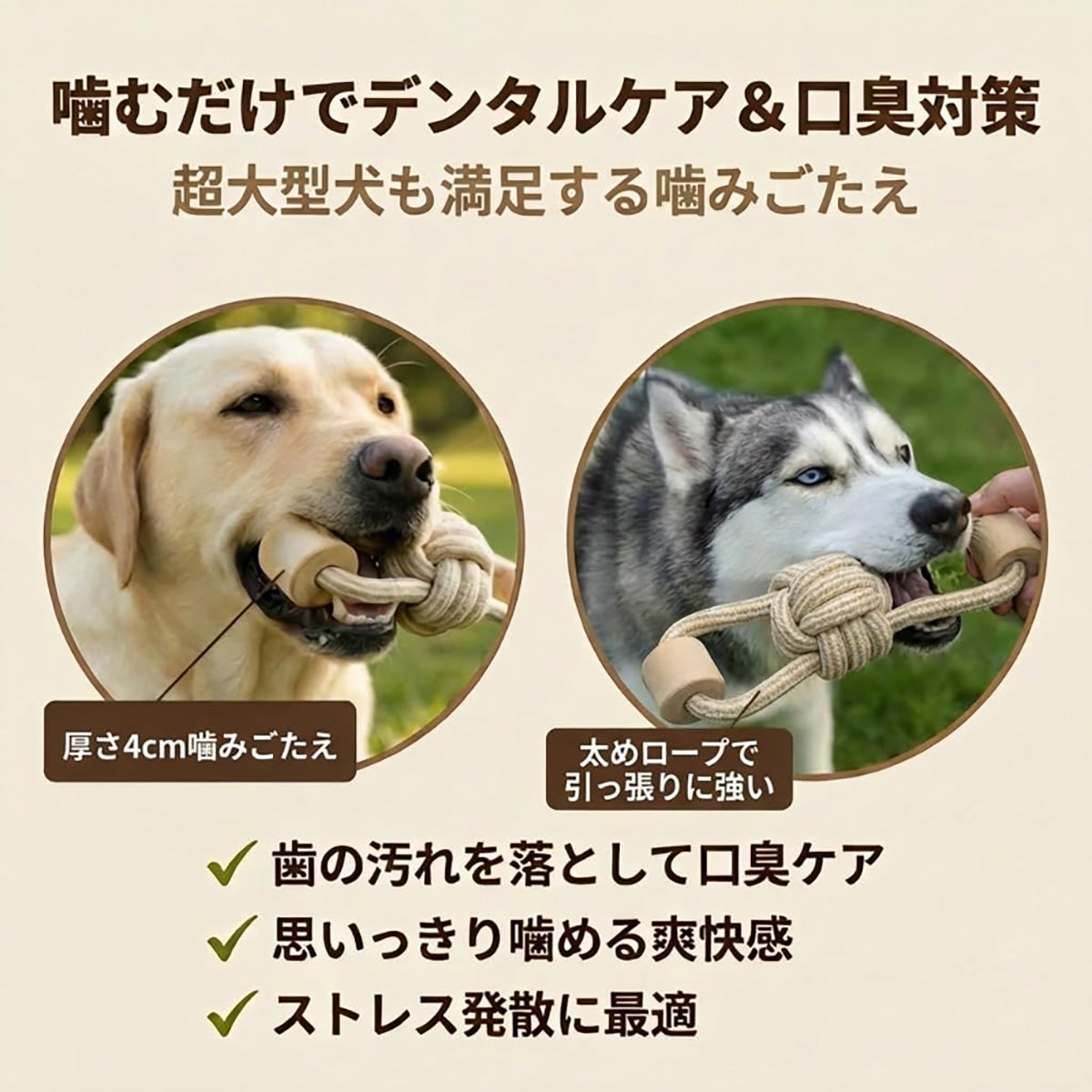 Harry Barker【天然コーヒー木使用】犬用ロープおもちゃ 噛むおもちゃ 丈夫 耐久性デンタルトイ 中型犬 大型犬用 歯磨き効果 ストレス解消 引っ張り合い 運動不足解消 歯垢除去 口臭予防 犬用ロープおもちゃ コットンロープ 引っ張りおもちゃ ひっぱりっこ 天然木 コーヒーウッド コーヒー木
