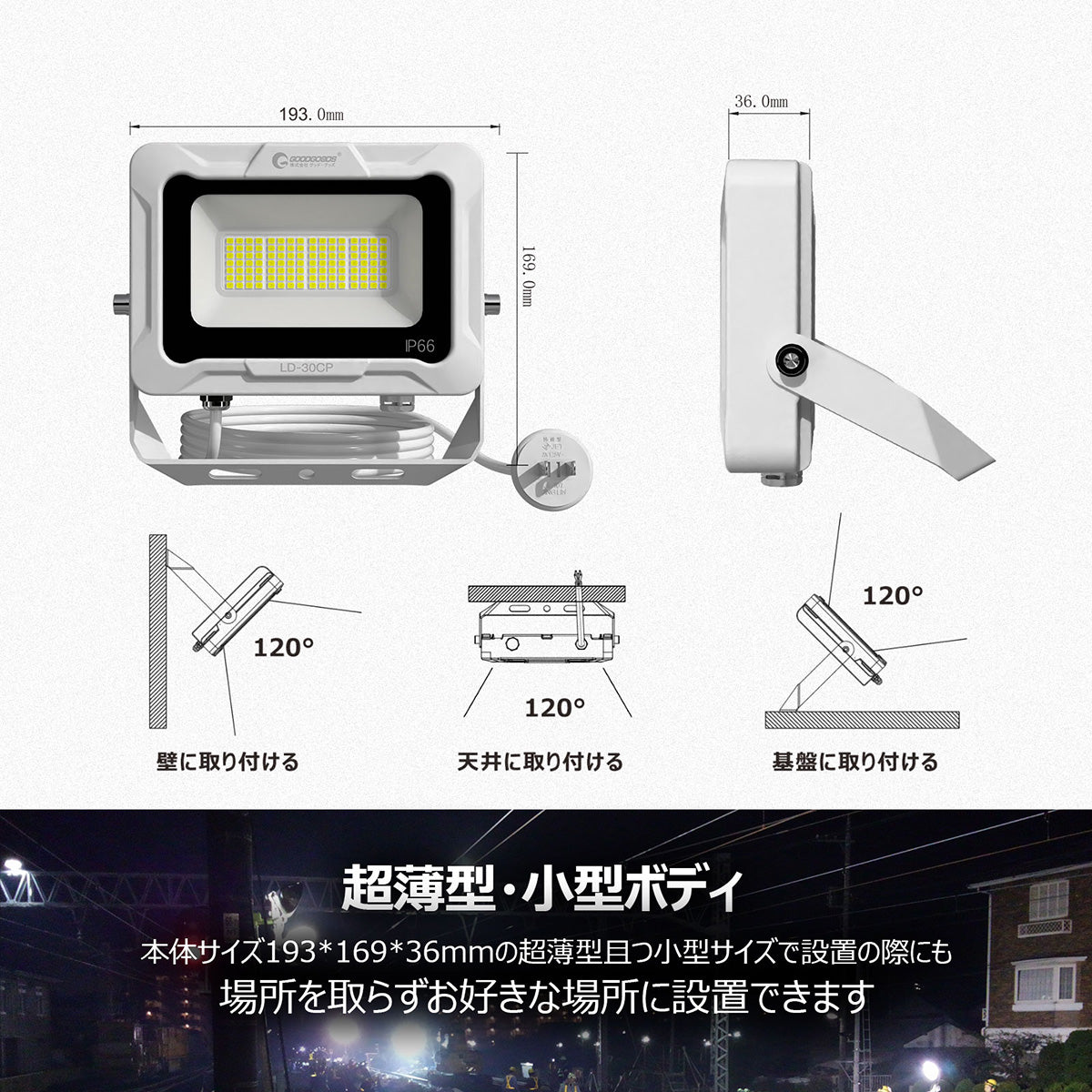 LED投光器 30W 4500LM プラグ付5mコ-ド 通気弁付き