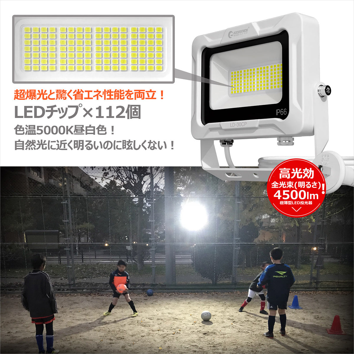 LED投光器 30W 4500LM プラグ付5mコ-ド 通気弁付き
