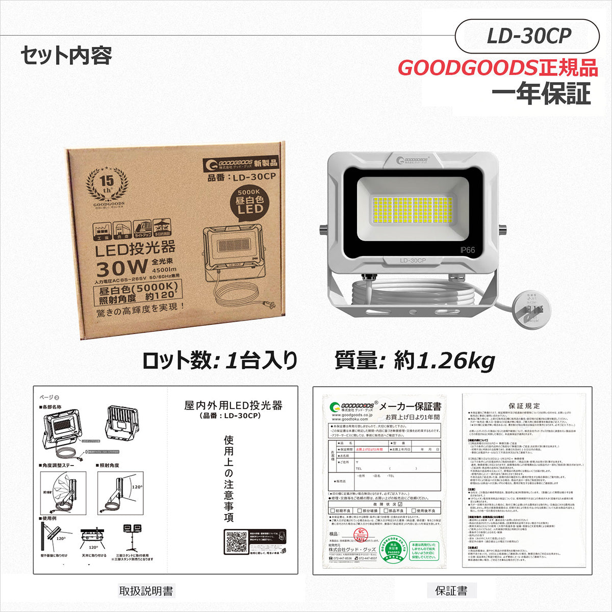 LED投光器 30W 4500LM プラグ付5mコ-ド 通気弁付き