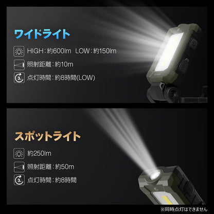 充電式おりたたみLEDハンディライト 2灯式 600lm マグネット付