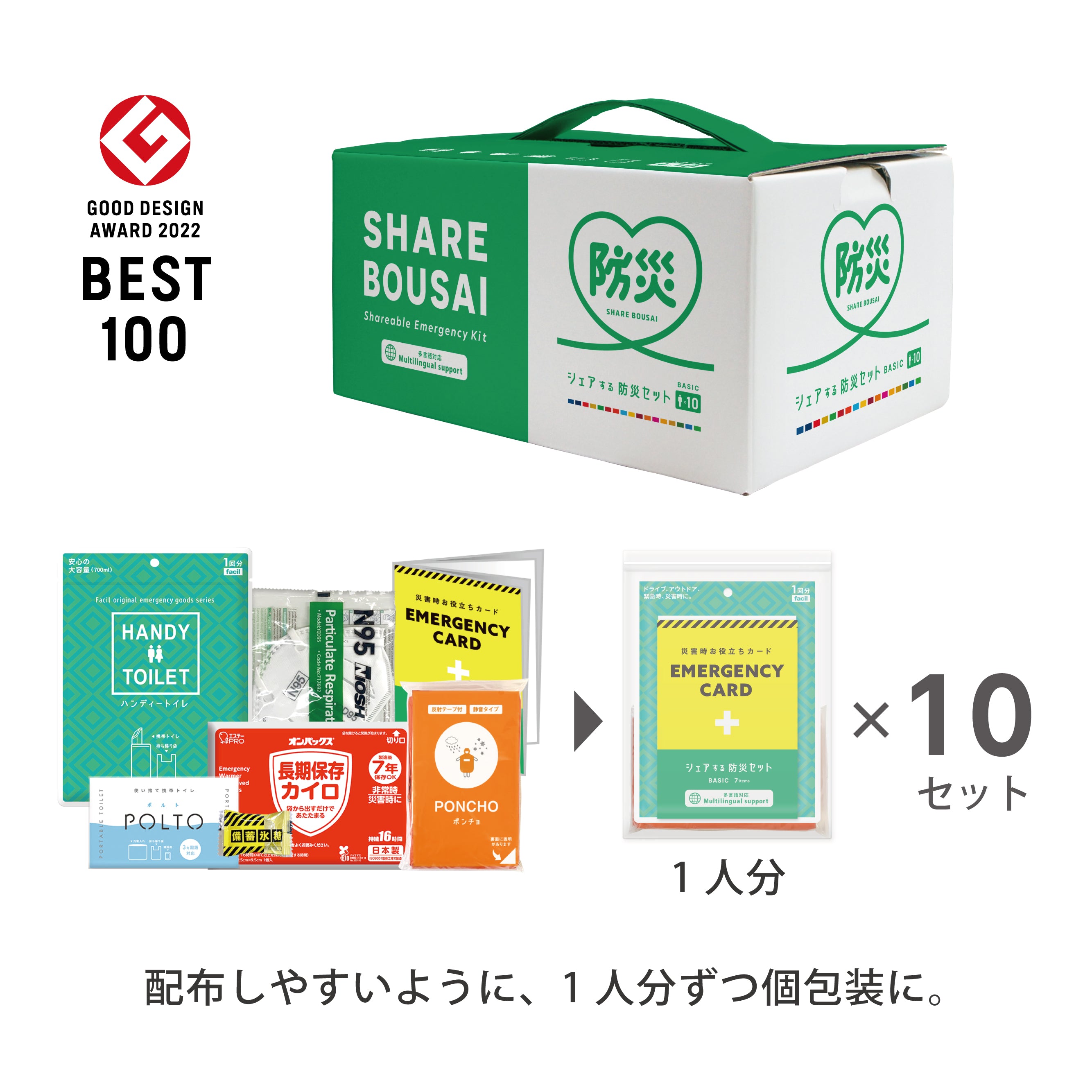 シェアする防災セット ベーシック10人分 ステッカーSサイズ – GREEN