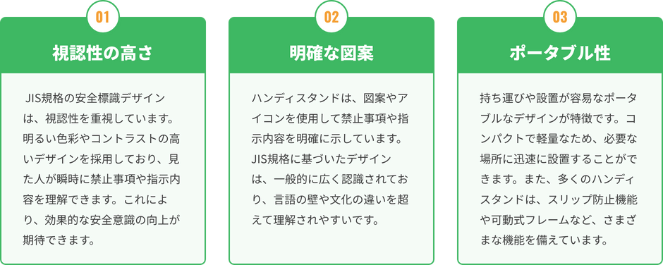 視認性の高さ、明確な図案、ポータブル性