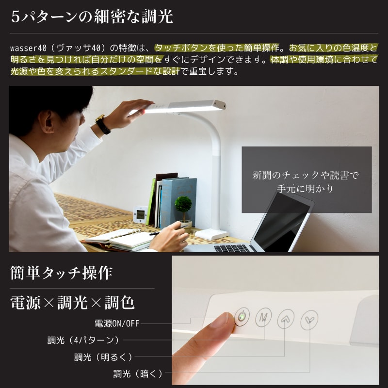 ＬＥＤデスクライト　クランプ式　幅５０ｃｍ　５段階調光　調色４色　６００ｌｍ